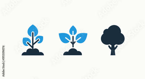 Environmental growth and reforestation icon set depicting plant sprout development stages and a mature tree for sustainability, ecology, green energy, and biological conservation industry concepts