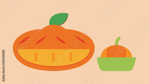 Vector art of a delightful pumpkin pie and a small pumpkin in a green bowl, a charming illustration of autumns sweet treats and harvest bounty