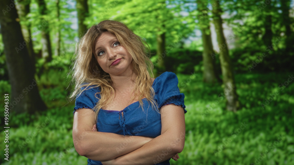 Obraz premium Woman blonde with arms crossed, bare forearms visible, wearing a blue dress in a forest with green trees and lush foliage; defiance stubbornness resilience.