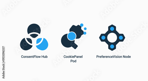 Data privacy and consent management iconography representing consentflow hub cookiepanel pod and preferencevision node for website compliance and user preference settings