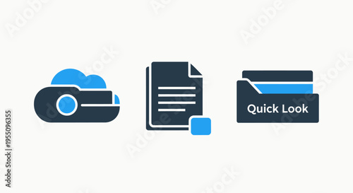 Cloud storage and document management icon set for quick look file preview digital data archiving and professional information organization systems on isolated white background