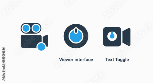 Digital interface and media player control icons with movie camera viewer interface and text toggle functionality for professional content editing and playback applications