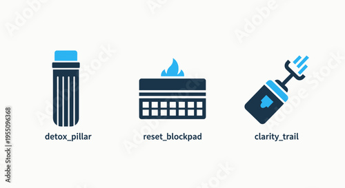 Industrial engineering component icon set featuring mechanical pillar structural support, heat resistant thermal blockpad, and high pressure liquid spray nozzle for manufacturing production