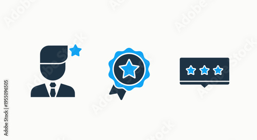 Quality rating and customer satisfaction icon set with five star service reviews excellence award medal and professional reputation management symbols for business branding