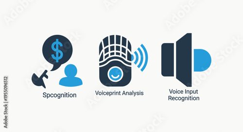 Voice recognition and speech analysis icon set with biometric audio input sound wave frequency processing and interactive voice assistant technology for smart financial systems