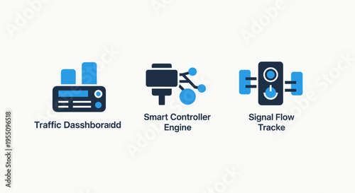 Smart traffic management and signal control icon set with real time flow monitoring dashboards and automated infrastructure processing systems for modern urban city planning