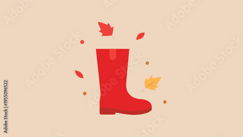 Vector art of red rubber boot with autumn leaves falling around it, symbolizing fall season and rainy weather on a beige background