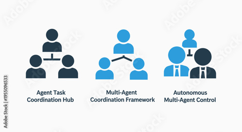 Artificial intelligence multi agent coordination icons representing a centralized task hub a hierarchical framework and autonomous control systems for advanced software engineering projects