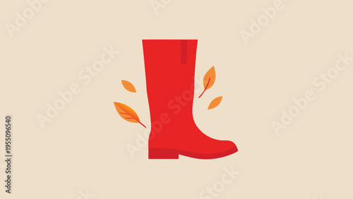 Vector art of red rubber boot with autumn leaves falling around it, symbolizing fall season and rainy weather on a beige background