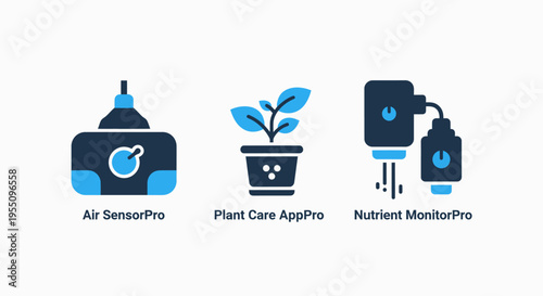 Smart garden technology icons featuring an environmental air sensor a mobile plant care application with a potted seedling and a liquid nutrient monitoring device for modern agriculture use