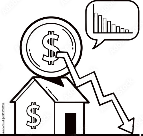 Silhouette of a house with a falling dollar coin and declining graph