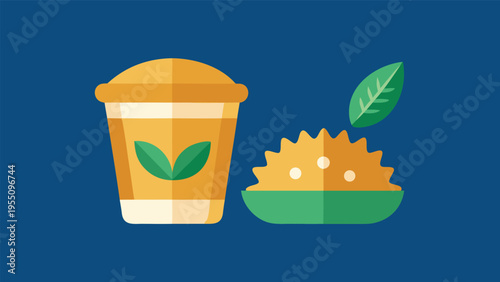 Illustration of a cup of tea with a leaf and a plate of rice, representing a healthy and balanced meal option for lunch