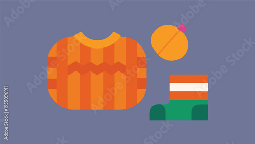 Vector art of a cozy autumn outfit with a sweater, hat, and socks on a purple background to keep you warm during the fall season