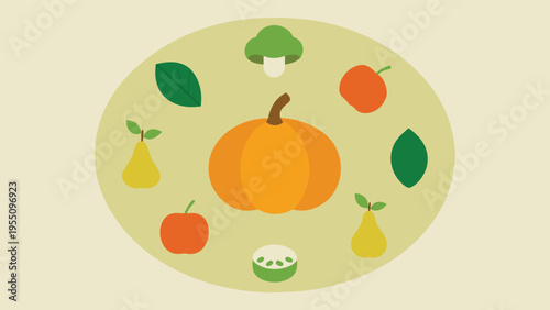 Vector art of a variety of autumn fruits and vegetables arranged in a circle on a beige background for a healthy fall harvest