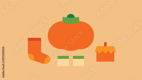 Vector art of a cozy autumn still life featuring a pumpkin, socks, and candles, evoking the warmth and comfort of the fall season