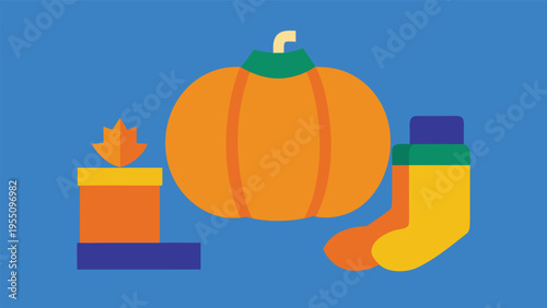 Vector art of a vibrant autumn scene with a pumpkin, candle, and socks, capturing the essence of fall in a colorful composition