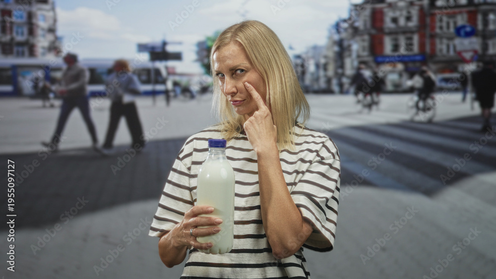 Fototapeta premium Woman holding milk bottle points finger to cheek in busy urban street with tram and cyclists nearby; contemplation curiosity.