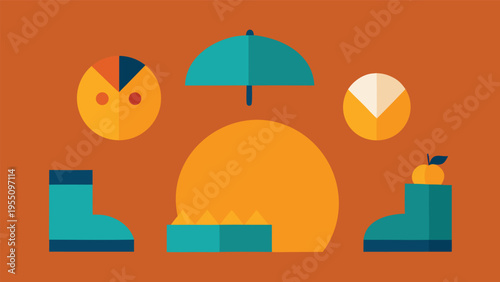 Vector art of autumn icon set illustration on an orange background, featuring a pie chart, umbrella, boots, and other fall elements