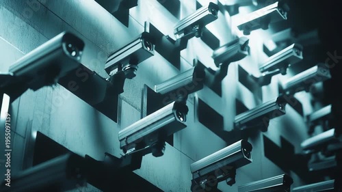 Security cameras observing public and private spaces, creating a sense of constant watch, reflecting themes of protection, monitoring, and ubiquitous digital presence