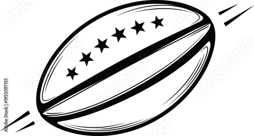 Rugby ball silhouette with motion lines and star pattern