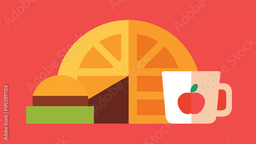 Vector art of a flat vector illustration of a waffle, burger, and mug of apple juice on a red background