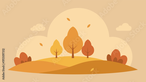 Vector art of a flat vector illustration of an autumn landscape with trees, bushes, clouds, and falling leaves warm and cozy scene