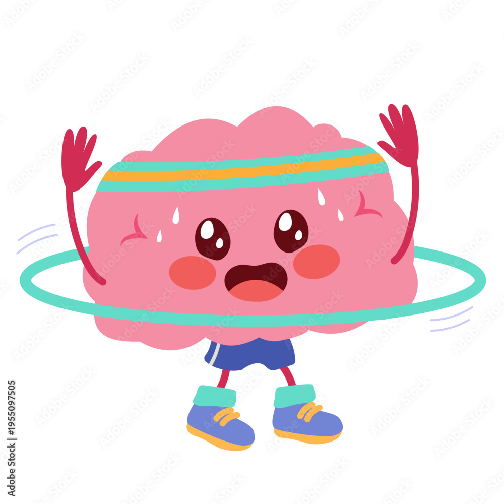Fototapeta premium Cartoon vector illustration of a sweating brain mascot doing hula hoop exercise representing physical activity, mental health and healthy lifestyle