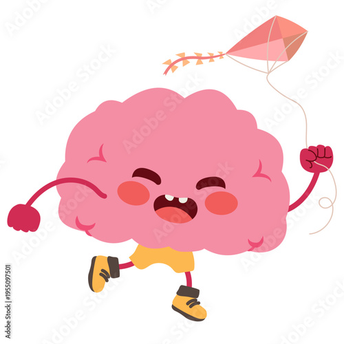 Cartoon vector illustration of a childlike brain mascot running while holding a kite representing playful behavior, childhood development and creativity