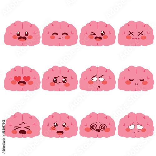 Cartoon vector illustration set of a cute brain mascot character showing multiple facial expressions including happy, sad, confused, love, fear and more for emotion communication and character design
