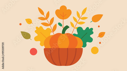 Vector art of a delightful autumn arrangement featuring a pumpkin in a basket surrounded by colorful leaves, evoking the warmth of the fall season