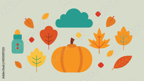 Vector art of a charming autumn scene featuring a pumpkin, leaves, and a potion bottle, capturing the essence of the fall season and its magic