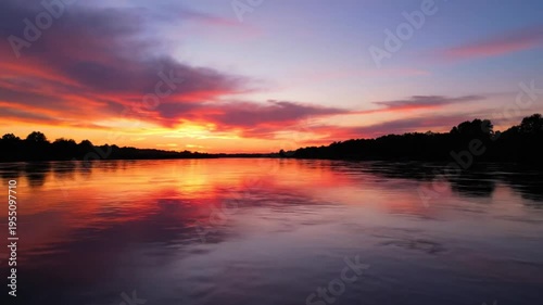 Stunning sunset sky reflecting over a calm river with vibrant colors and silhouette of trees in tranquil nature