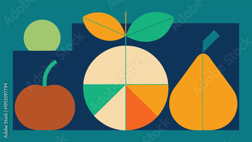 Vector art of geometric fruit composition with apple, orange, and pear in a modern minimalist style illustration on a blue background