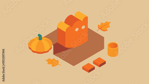 Vector art of isometric illustration of a pumpkin, a cat, and autumn leaves, creating a festive and seasonal scene with a warm color palette