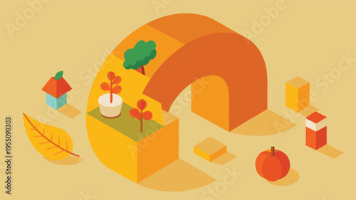 Vector art of isometric autumn composition with pumpkin arch, house, tree, plants, apple, and leaf on a beige background for a cozy fall season