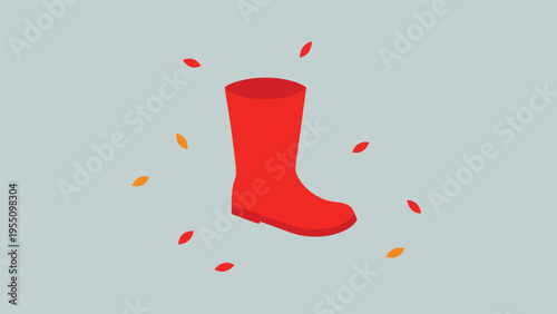 Illustration of a red rubber boot with autumn leaves on a blue background, a symbol of rainy weather and fall season