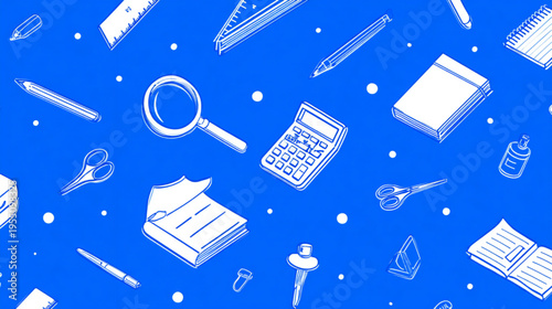 Stationery items on blue background.
