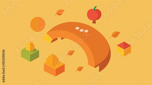 Vector art of isometric autumn composition with pumpkin arch, apple, leaves, and cubes on a beige background for a cozy fall season