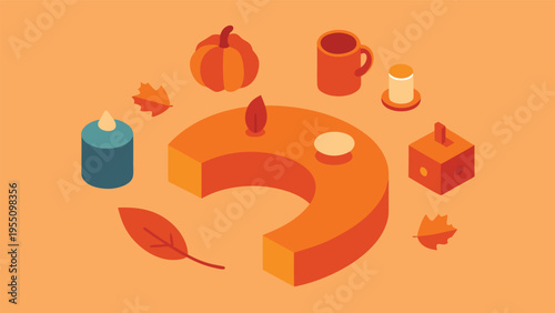 Vector art of isometric autumn composition with pumpkin arch, pumpkin, cup, candle, and leaves on a beige background for a cozy fall season