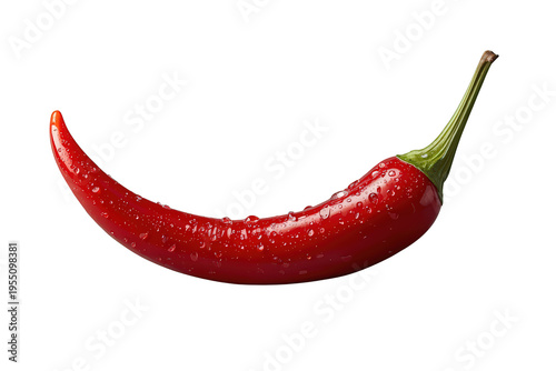 Red chili pepper lying horizontally, full of water drops, fresh and organic creating a spicy, hot concept on transparent background