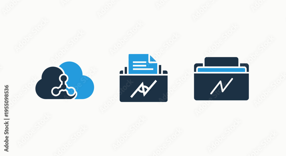 Fototapeta premium Cloud computing and data processing icons: cloud, network, connection, data, analysis, storage, digital transformation, technology, information, system, cybersecurity, security, data center, server, c