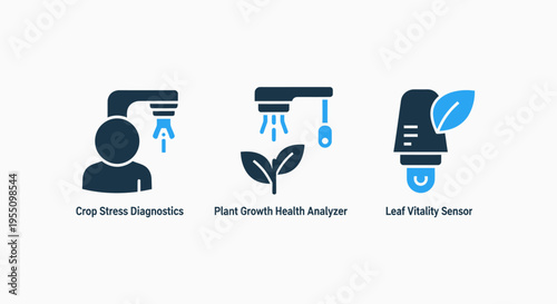 Icons for agricultural technology: crop monitoring, plant growth analysis, and soil moisture sensor for modern farming and environmental science