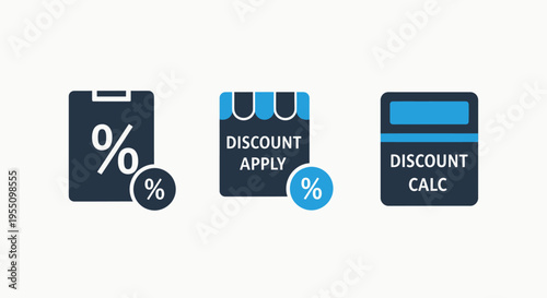 Icons illustrating discount calculation, applying discounts, and percentage symbols for retail, sales, and financial concepts in blue and black