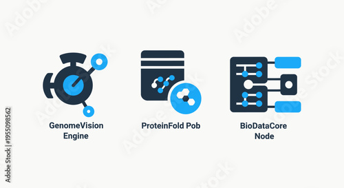 Science icons for genome vision engine, protein fold, and bio-data node, representing genetics, molecular biology, and data processing