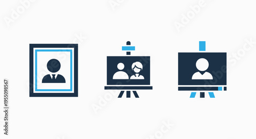 Icons depicting portrait frame, family portrait display, and single person profile on easels for art, photography, and personal representation