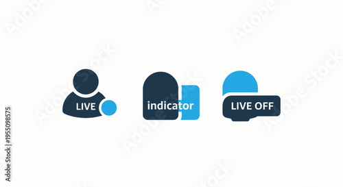 Icons indicating live status, broadcast indicator, and live off mode, designed in dark blue and cyan