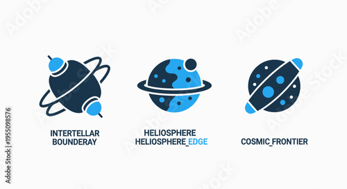 Stylized icons representing celestial bodies and space exploration, with dark blue and cyan on a white background