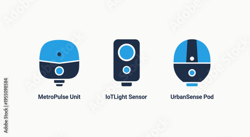 Icons for smart city technology: a meter pulse unit, iot light sensor, and urban sensor pod in dark blue and cyan