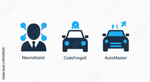 Icons representing neuro assist, code forge, and auto master technologies for AI, software development, and automotive, artificial intelligence