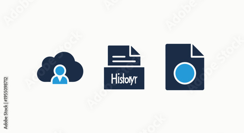 Cloud data storage and user icon, document history icon, and file document icon set - business technology concept